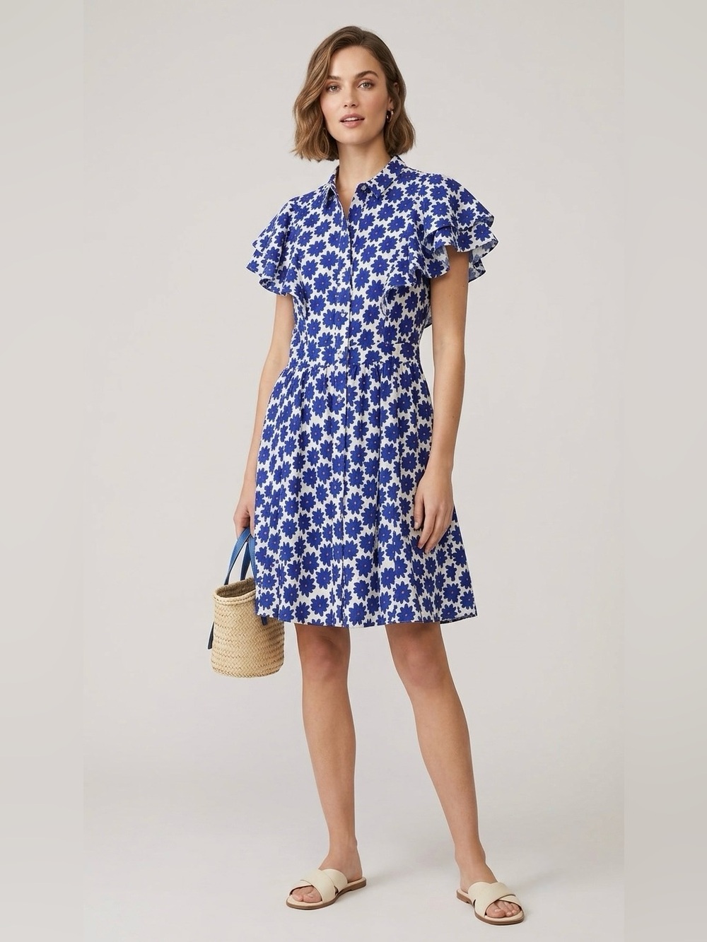 Diane von Furstenberg Blue Floral Flutter Sleeve Shirt Dress